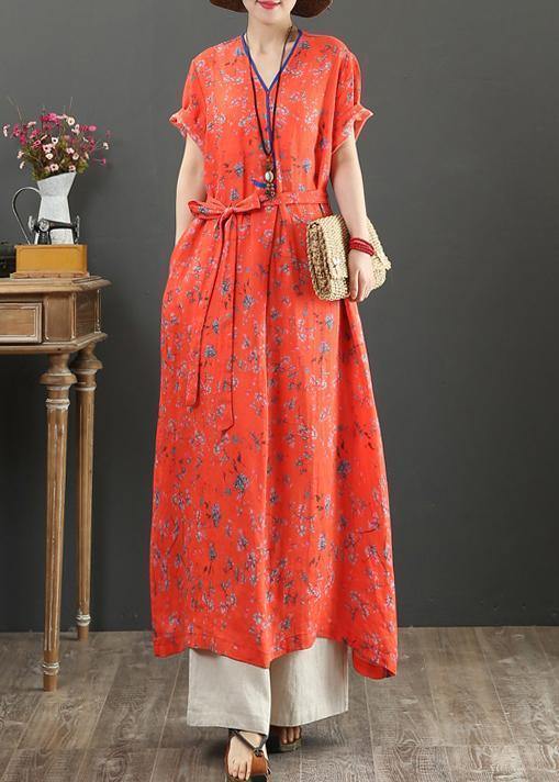 Red Print Cotton Quilting Clothes V Neck Tie Waist Kaftan Dress