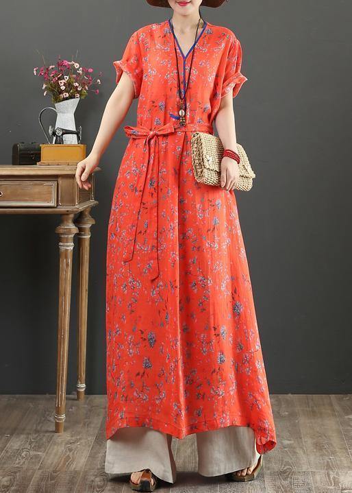Red Print Cotton Quilting Clothes V Neck Tie Waist Kaftan Dress
