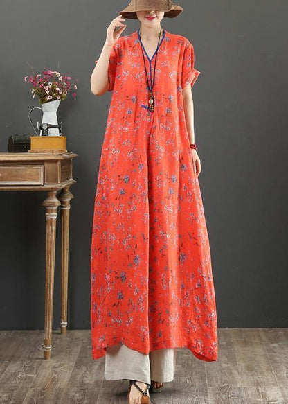 Red Print Cotton Quilting Clothes V Neck Tie Waist Kaftan Dress