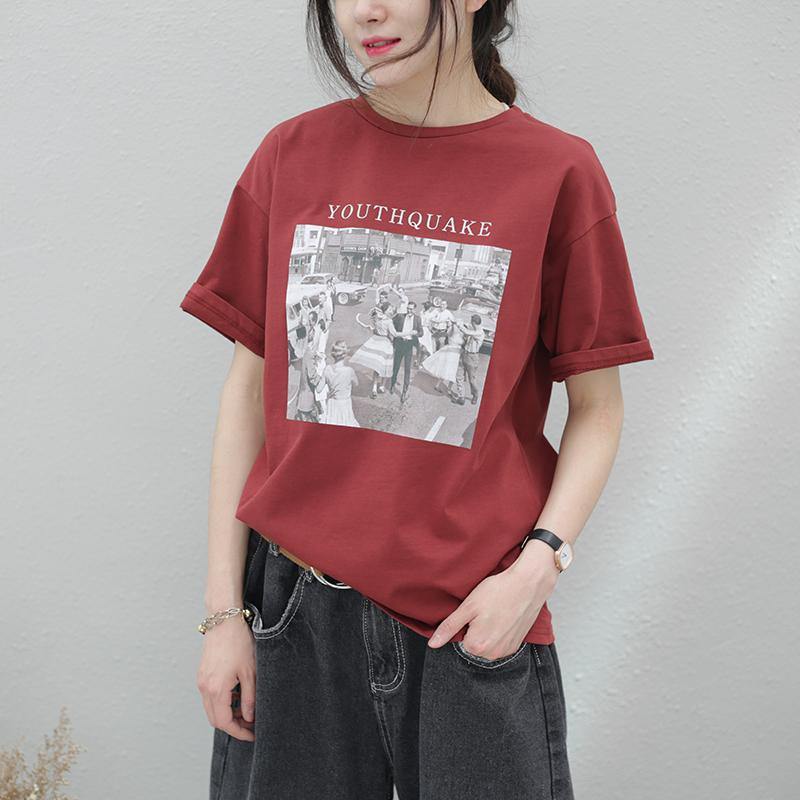 Red Print Cotton Top Silhouette O Neck Baggy Summer Shirt