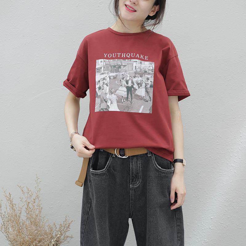 Red Print Cotton Top Silhouette O Neck Baggy Summer Shirt