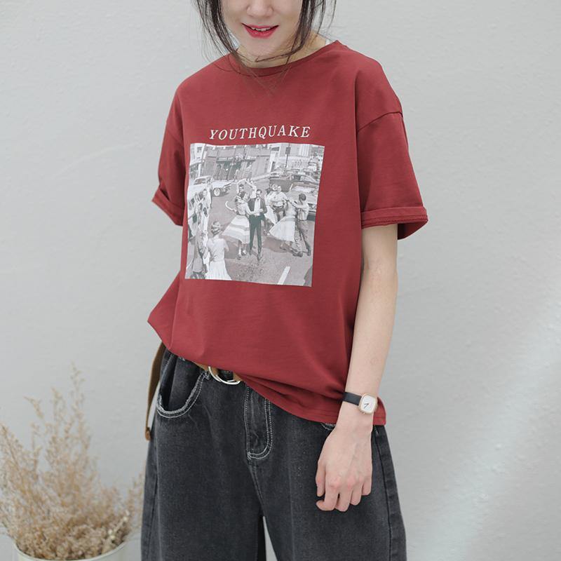 Red Print Cotton Top Silhouette O Neck Baggy Summer Shirt