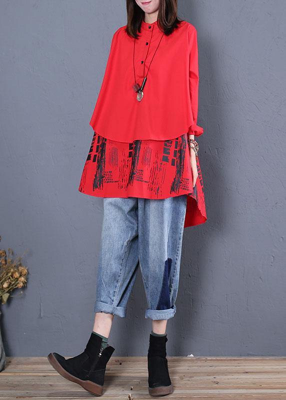 Women red print cotton tunics stand collar patchwork cotton fall blouse