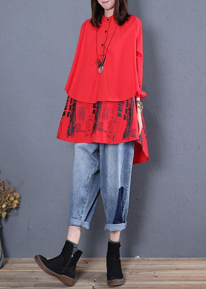 Women red print cotton tunics stand collar patchwork cotton fall blouse