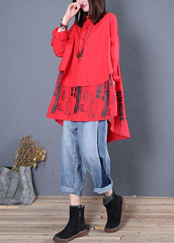 Red Print Cotton Tunics Stand Collar Patchwork Cotton Fall Blouse