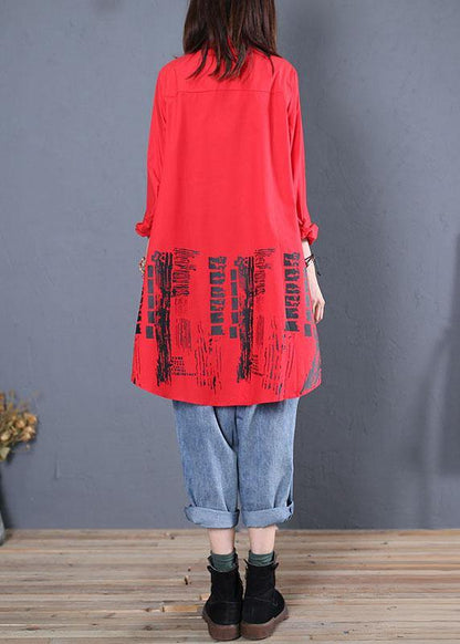 Women red print cotton tunics stand collar patchwork cotton fall blouse