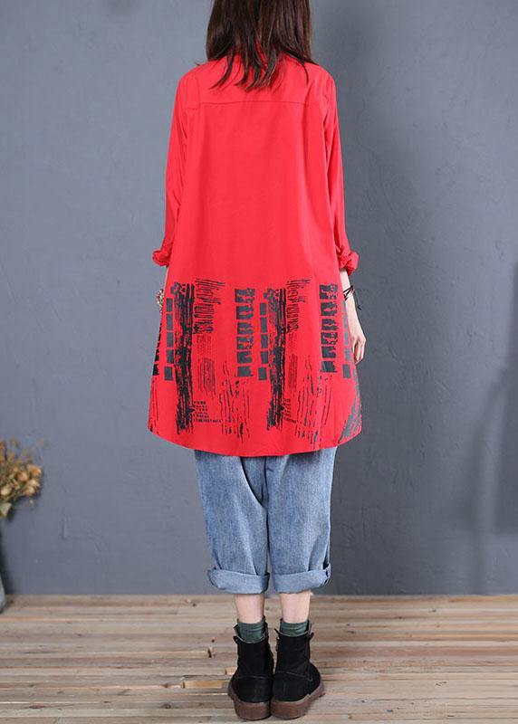 Red Print Cotton Tunics Stand Collar Patchwork Cotton Fall Blouse