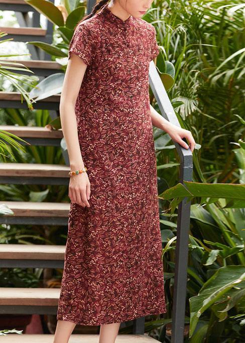 Red Print Linen Cotton Clothes Stand Collar Side Open Dresses Summer Dresses