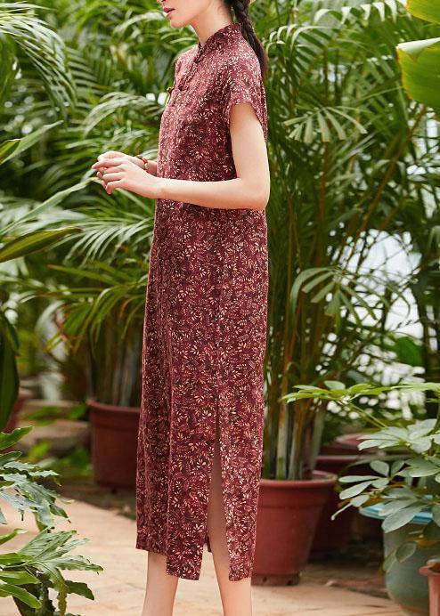 Red Print Linen Cotton Clothes Stand Collar Side Open Dresses Summer Dresses