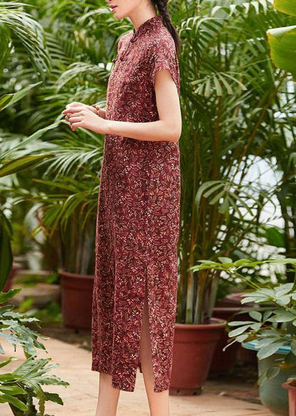 Red Print Linen Cotton Clothes Stand Collar Side Open Dresses Summer Dresses