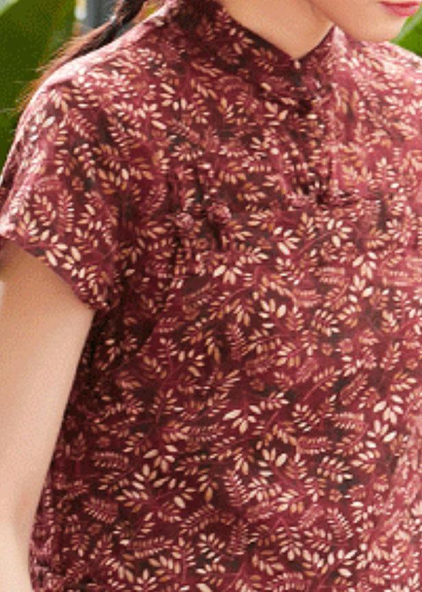 Red Print Linen Cotton Clothes Stand Collar Side Open Dresses Summer Dresses