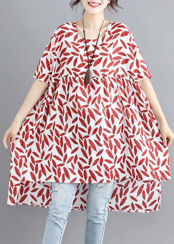 Red Print Linen Cotton O Neck Asymmetric Summer Dress