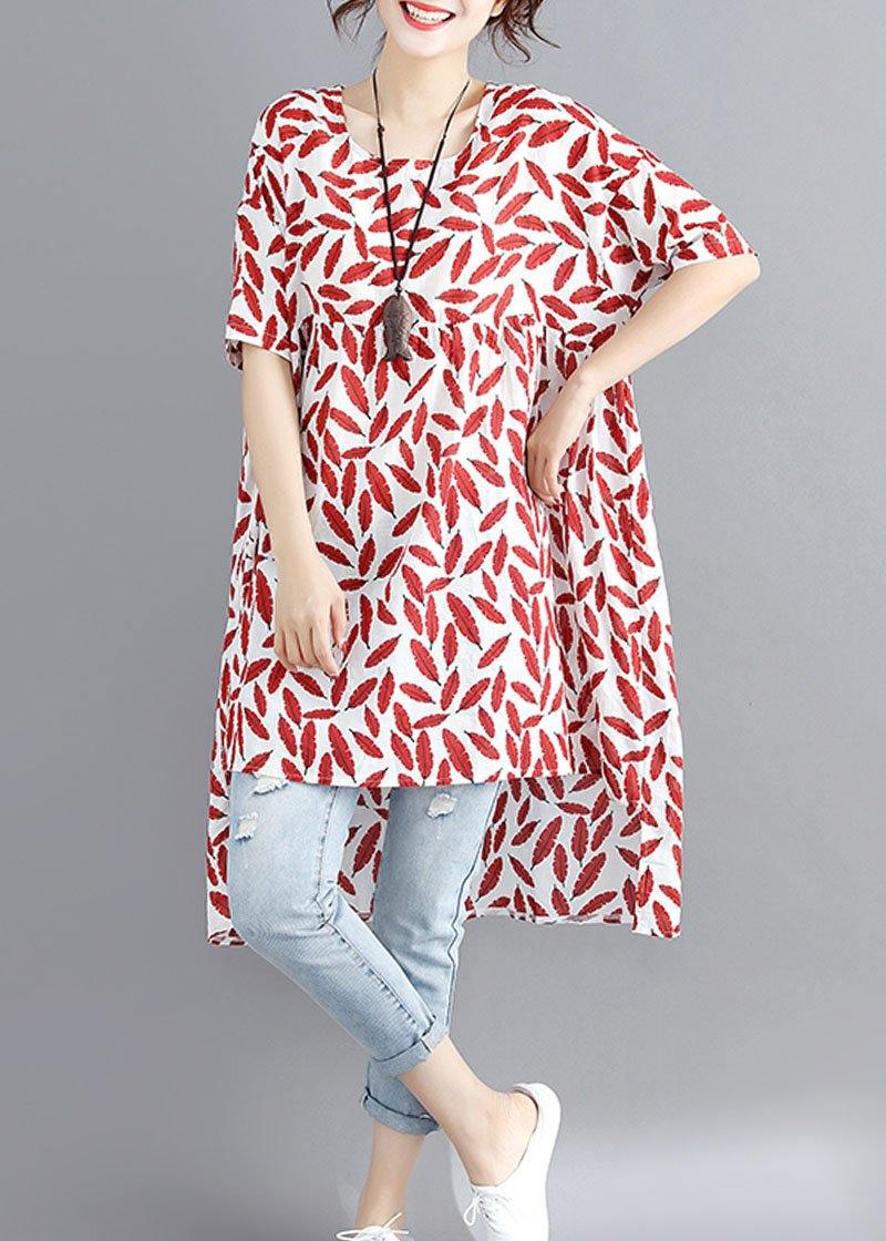 Red Print Linen Cotton O Neck Asymmetric Summer Dress