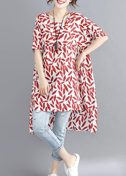 Red Print Linen Cotton O Neck Asymmetric Summer Dress