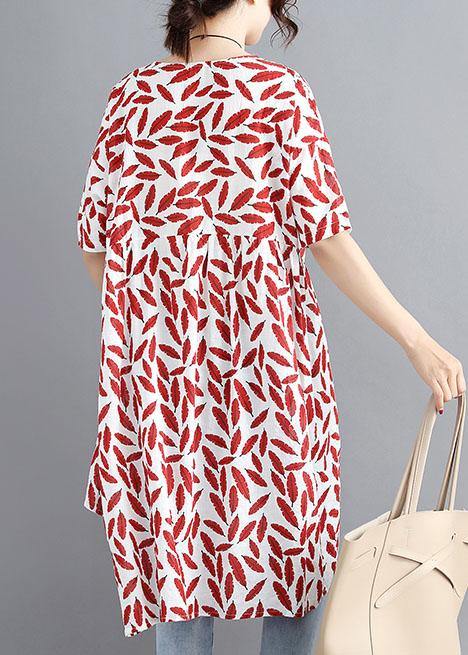 Red Print Linen Cotton O Neck Asymmetric Summer Dress
