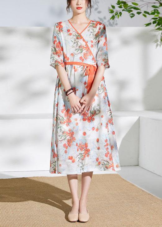 Red Print Linen Dress V Neck Tie Waist Loose Dress