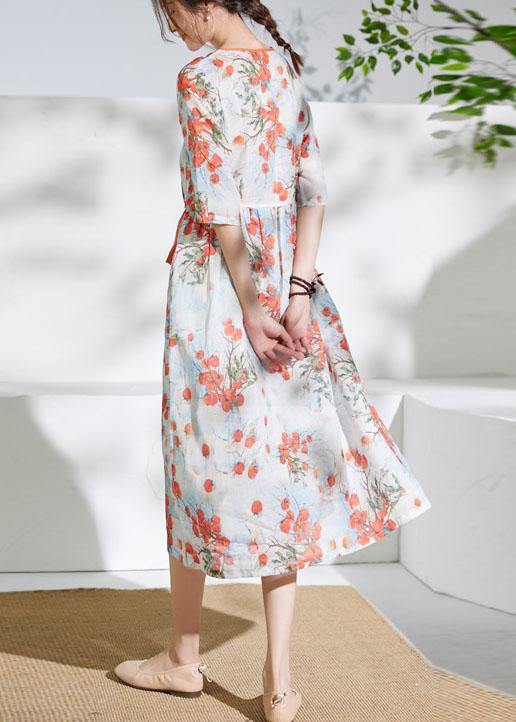 Red Print Linen Dress V Neck Tie Waist Loose Dress