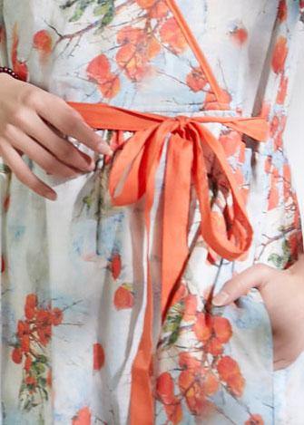 Red Print Linen Dress V Neck Tie Waist Loose Dress