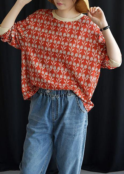 Women red prints blended linen tops women o neck Plus Size Clothing fall tops