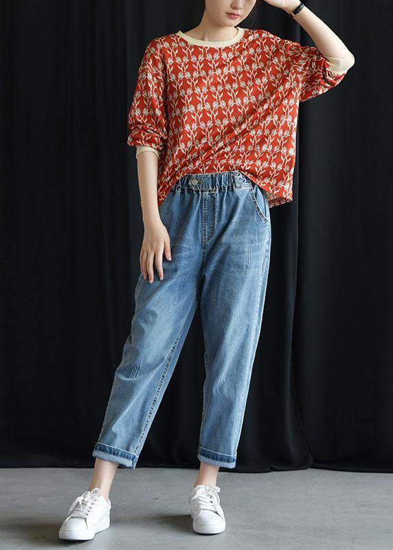 Red Prints Blended Linen Tops O Neck Clothing Fall Tops