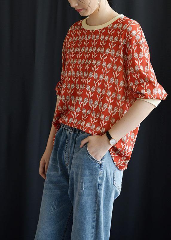 Women red prints blended linen tops women o neck Plus Size Clothing fall tops