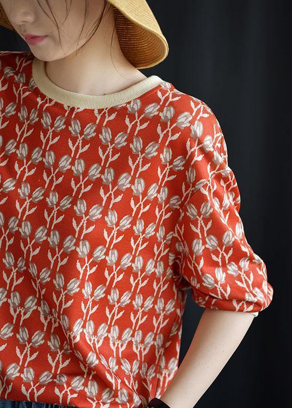 Women red prints blended linen tops women o neck Plus Size Clothing fall tops