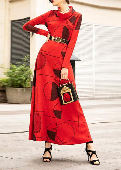 Red Prints Cotton Clothes for High Neck Art Big Hem Dress