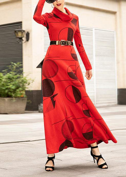 Red Prints Cotton Clothes for High Neck Art Big Hem Dress