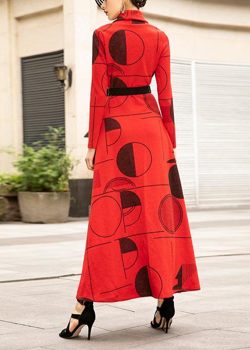 Red Prints Cotton Clothes for High Neck Art Big Hem Dress