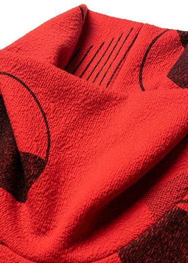 Red Prints Cotton Clothes for High Neck Art Big Hem Dress