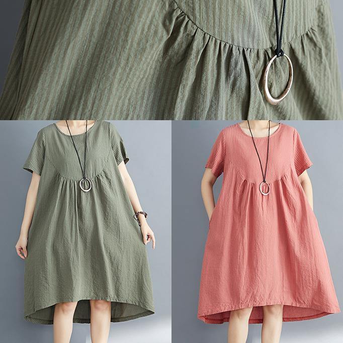 Red Striped Cotton Clothes Stylish O Neck Asymmetric Tunic Summer Dress