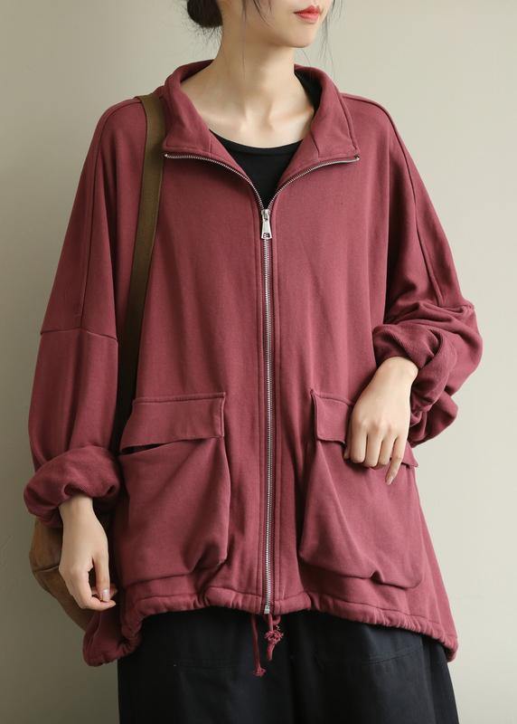 Red Fine Coat for Woman Design Stand Collar Zippered Outwears