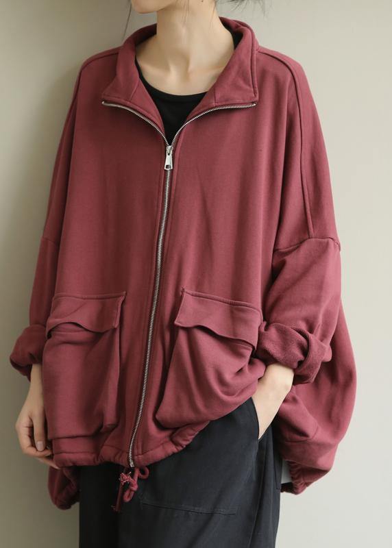 Red Fine Coat for Woman Design Stand Collar Zippered Outwears