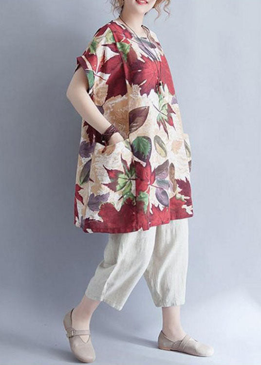 Retro O-neck Print Loose Fall Top Short Sleeve