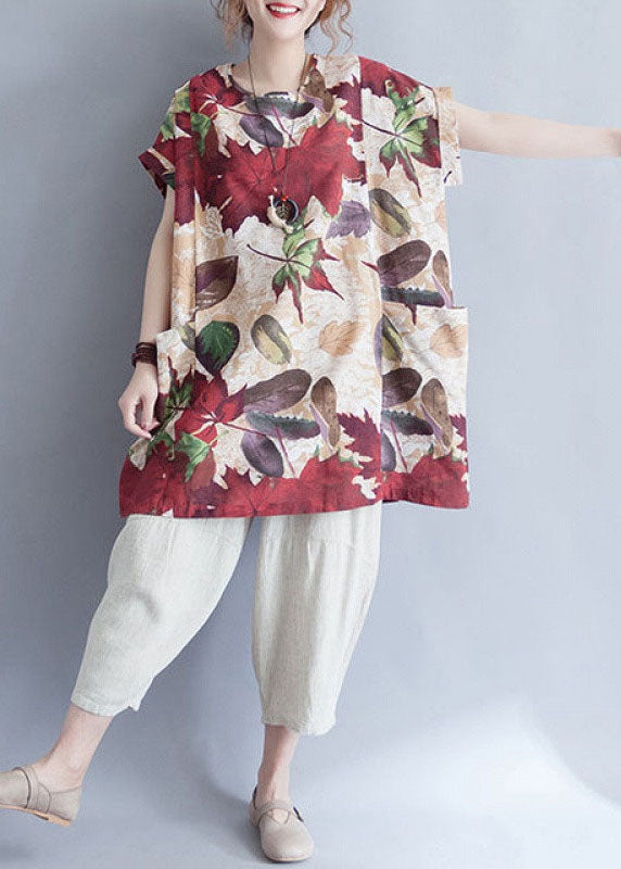 Retro O-neck Print Loose Fall Top Short Sleeve