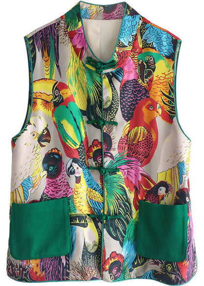 Retro Print Pockets Button Fall Sleeveless Vest
