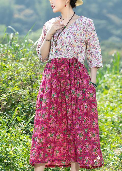 Rose Cotton Quilting Dresses V Neck Art Summer Dresses