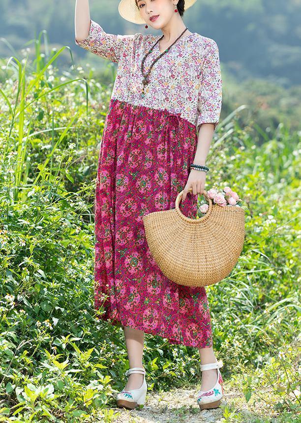 Rose Cotton Quilting Dresses V Neck Art Summer Dresses