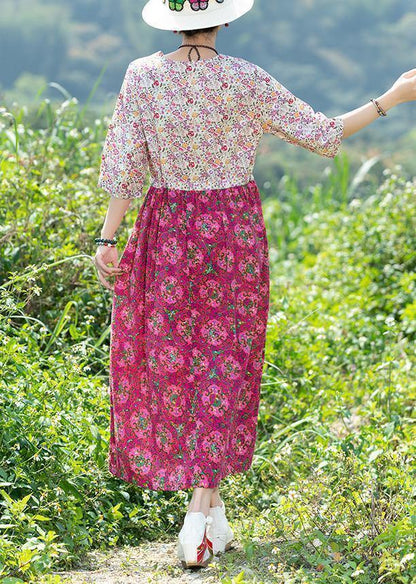 Rose Cotton Quilting Dresses V Neck Art Summer Dresses