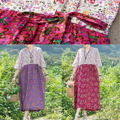 Rose Cotton Quilting Dresses V Neck Art Summer Dresses