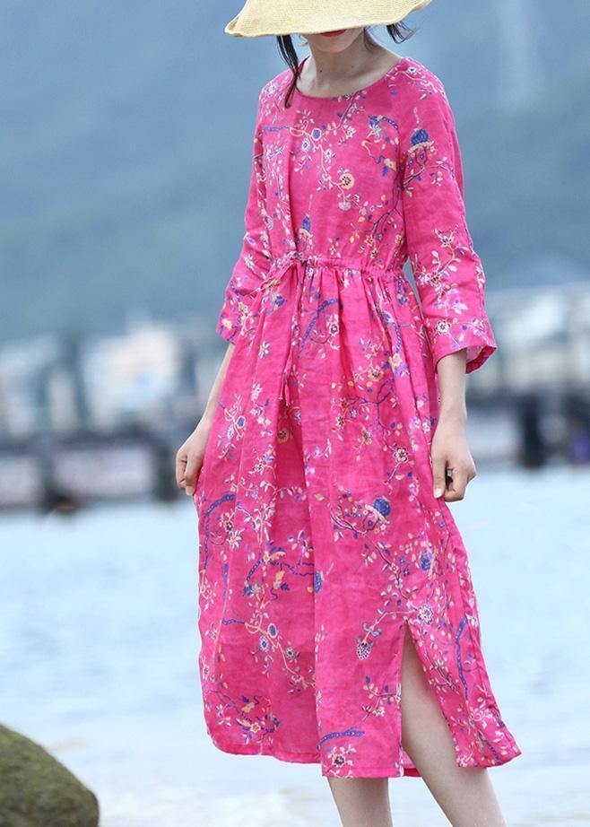 Rose Linen Long Shirts Drawstring Long Prints Dress