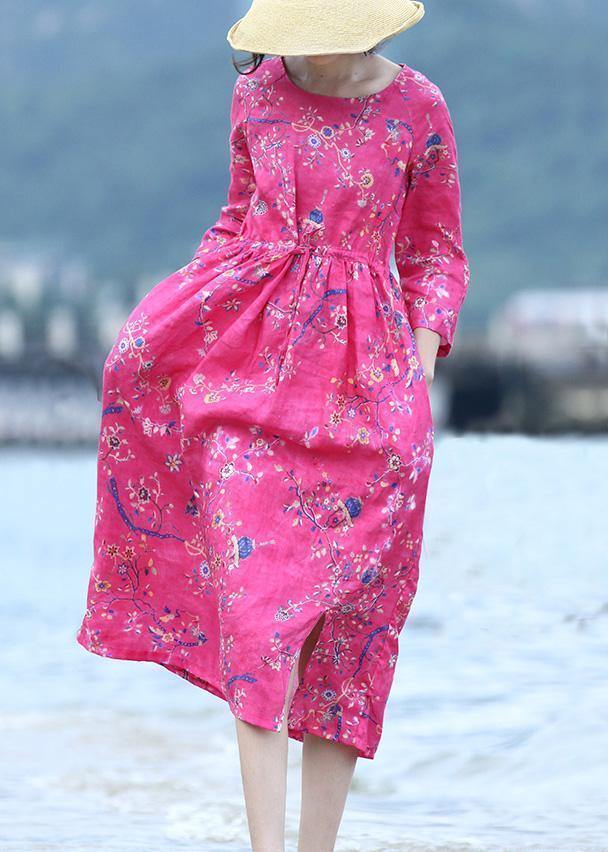 Rose Linen Long Shirts Drawstring Long Prints Dress