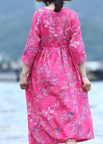Rose Linen Long Shirts Drawstring Long Prints Dress