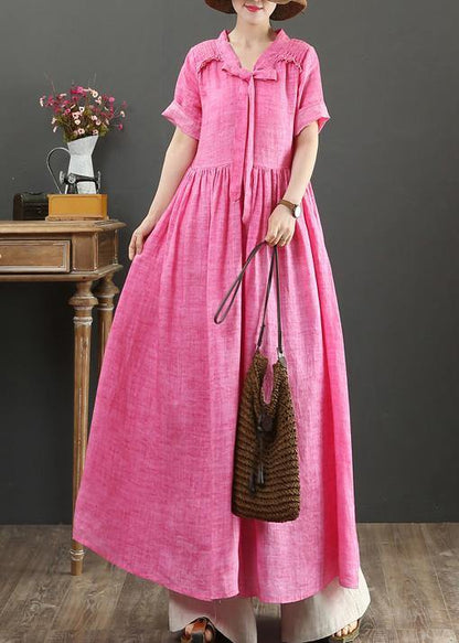Rose Linen Cotton Clothes for V Neck Bow Art Summer Dress