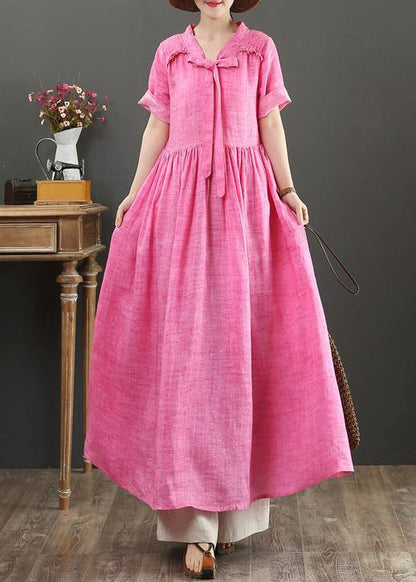 Rose Linen Cotton Clothes for V Neck Bow Art Summer Dress