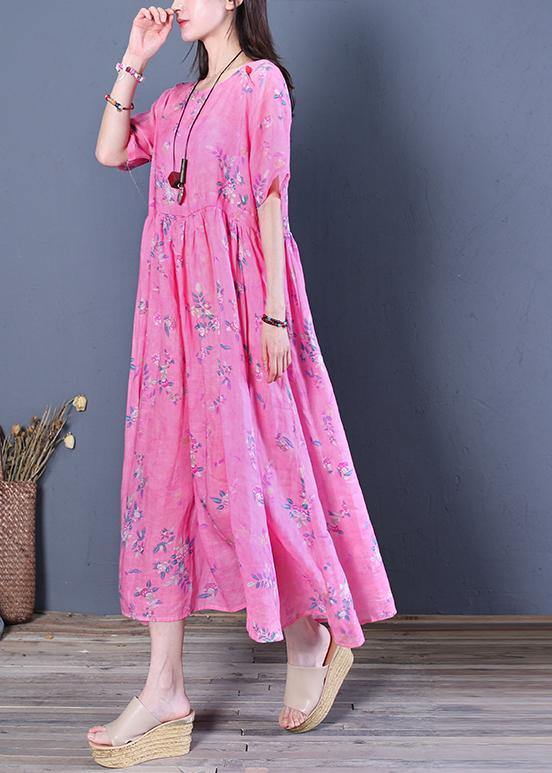 Rose Print Chiffon Robes O Neck Cinched Maxi Dresses