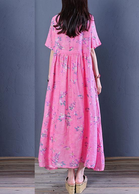 Rose Print Chiffon Robes O Neck Cinched Maxi Dresses