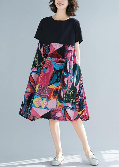 Rose Prints Linen Clothes Chiffon O-neck Oversized Summer Dress