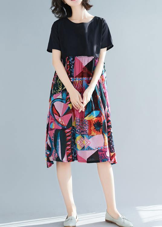Rose Prints Linen Clothes Chiffon O-neck Oversized Summer Dress
