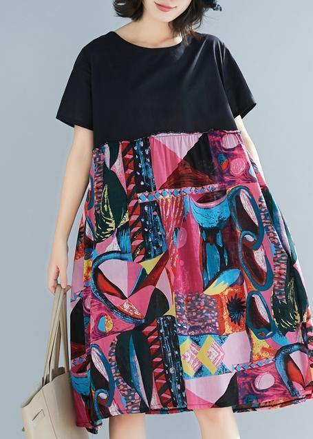 Rose Prints Linen Clothes Chiffon O-neck Oversized Summer Dress